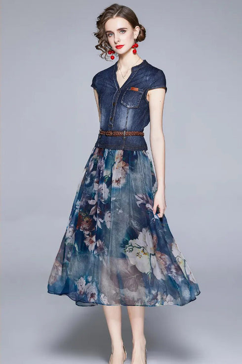 Charming & Vivid High Quality Women Autumn Dress, 2-Piece Set, Belted Denim Top + Chiffon Floral Skirt, Trendy Office & Evening Wear